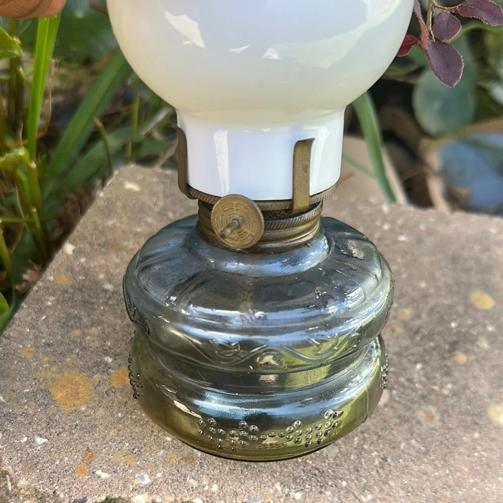Vintage Three Star brand Glass Oil Lamp with White and Blue Accents